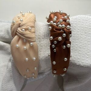 Two Twisted Knotted Fabric headbands embellished with White Faux Pearl Beads.